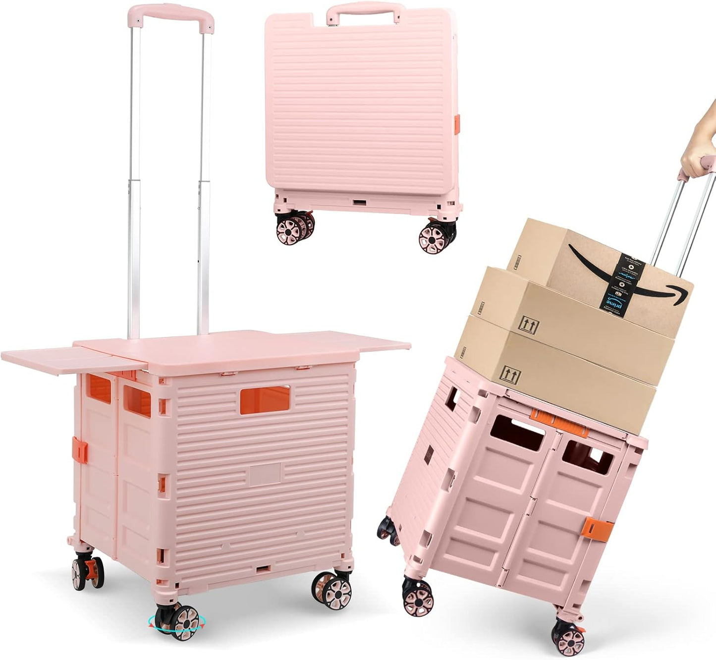Foldable Utility Cart Folding Portable Rolling Crate Handcart Shopping Trolley Wheel Box with Lid Wear-Resistant Noiseless 360°Rotate Wheel for Travel Shopping Moving Storage Office Use (Yellow)