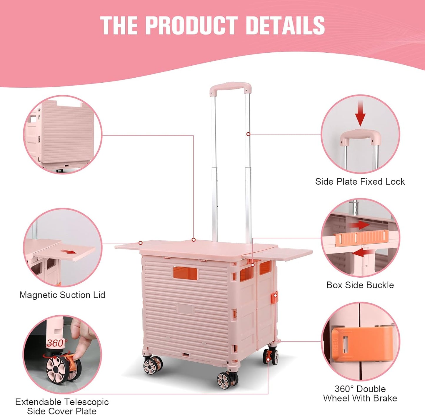 Foldable Utility Cart Folding Portable Rolling Crate Handcart Shopping Trolley Wheel Box with Lid Wear-Resistant Noiseless 360°Rotate Wheel for Travel Shopping Moving Storage Office Use (Yellow)