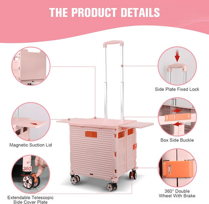 Foldable Utility Cart Folding Portable Rolling Crate Handcart Shopping Trolley Wheel Box with Lid Wear-Resistant Noiseless 360°Rotate Wheel for Travel Shopping Moving Storage Office Use (Yellow)