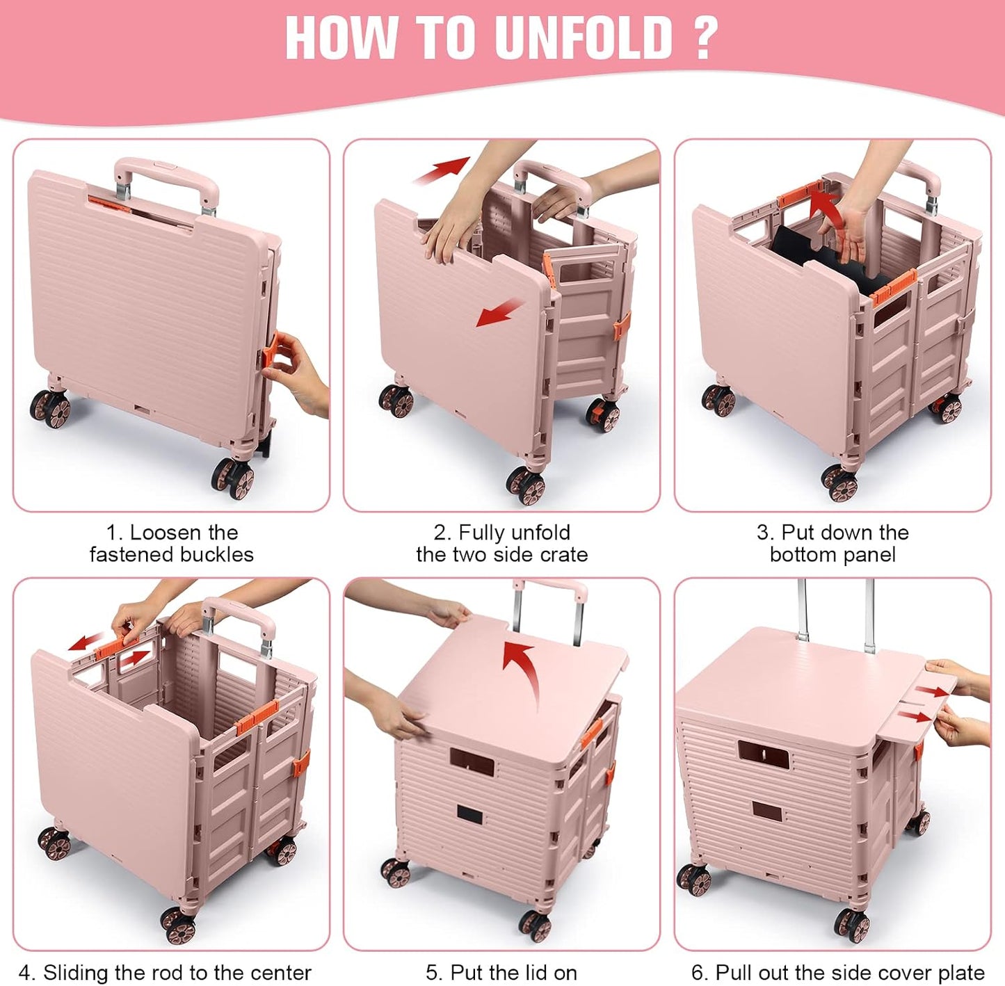 Foldable Utility Cart Folding Portable Rolling Crate Handcart Shopping Trolley Wheel Box with Lid Wear-Resistant Noiseless 360°Rotate Wheel for Travel Shopping Moving Storage Office Use (Yellow)