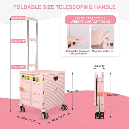 Foldable Utility Cart Folding Portable Rolling Crate Handcart Shopping Trolley Wheel Box with Lid Wear-Resistant Noiseless 360°Rotate Wheel for Travel Shopping Moving Storage Office Use (Yellow)