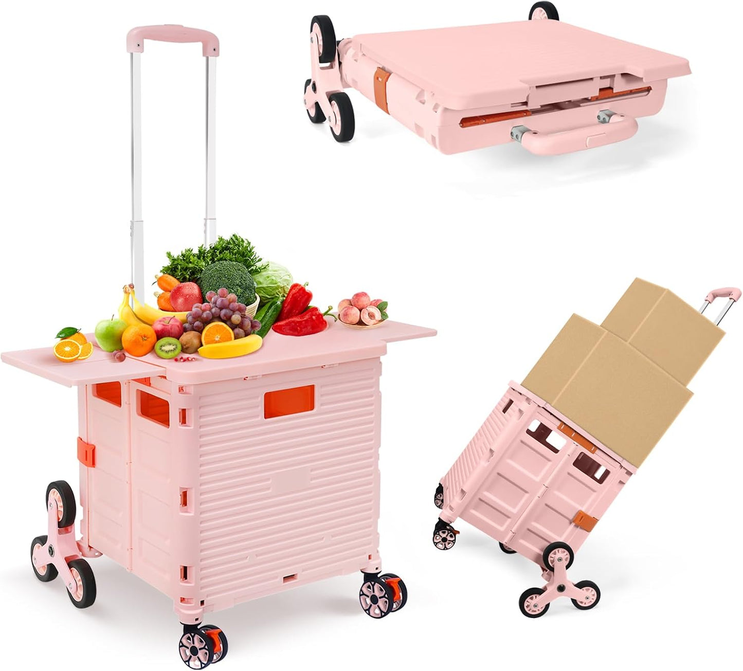 Foldable Utility Cart Folding Portable Rolling Crate Handcart Shopping Trolley Wheel Box with Lid Wear-Resistant Noiseless 360°Rotate Wheel for Travel Shopping Moving Storage Office Use (Yellow)