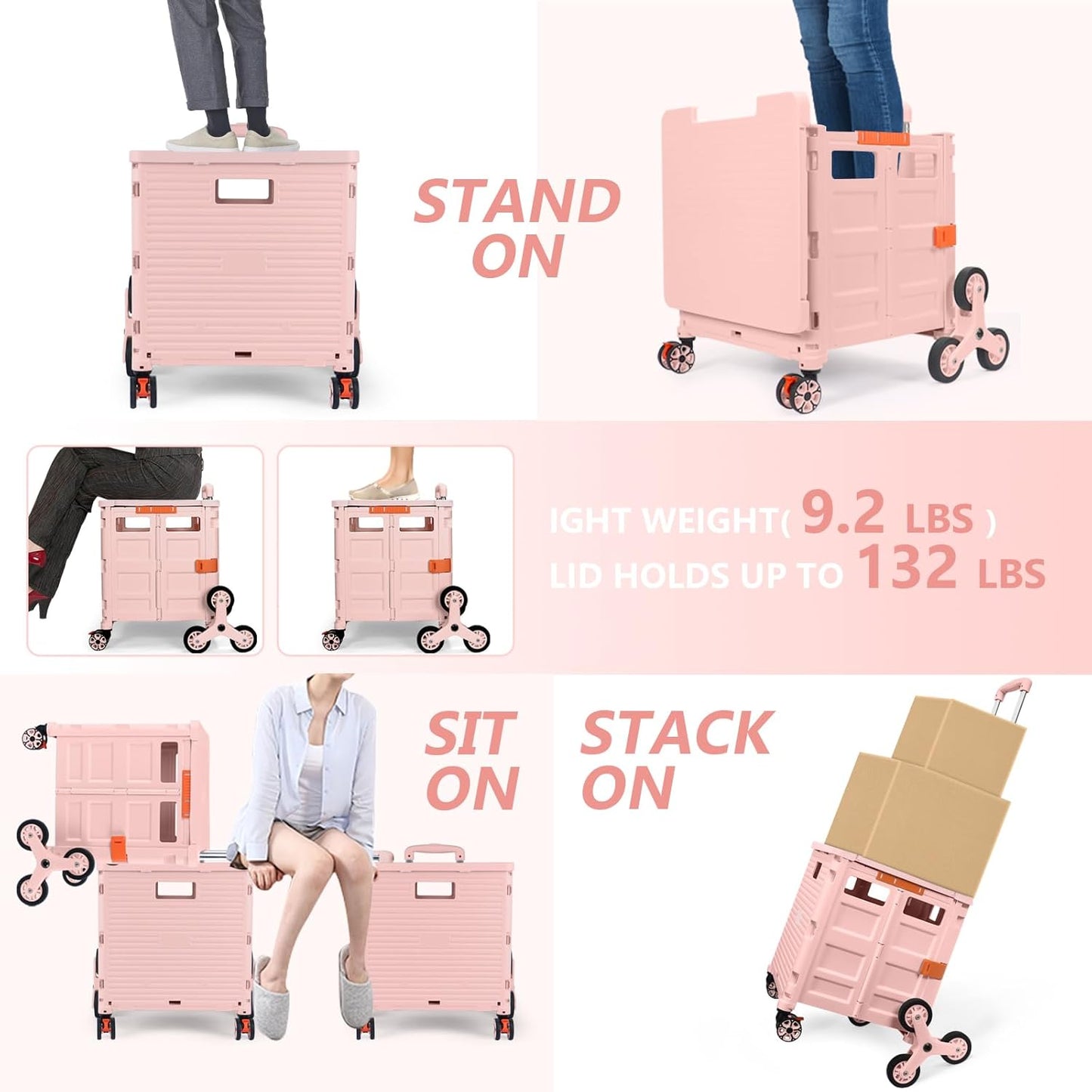 Foldable Utility Cart Folding Portable Rolling Crate Handcart Shopping Trolley Wheel Box with Lid Wear-Resistant Noiseless 360°Rotate Wheel for Travel Shopping Moving Storage Office Use (Yellow)