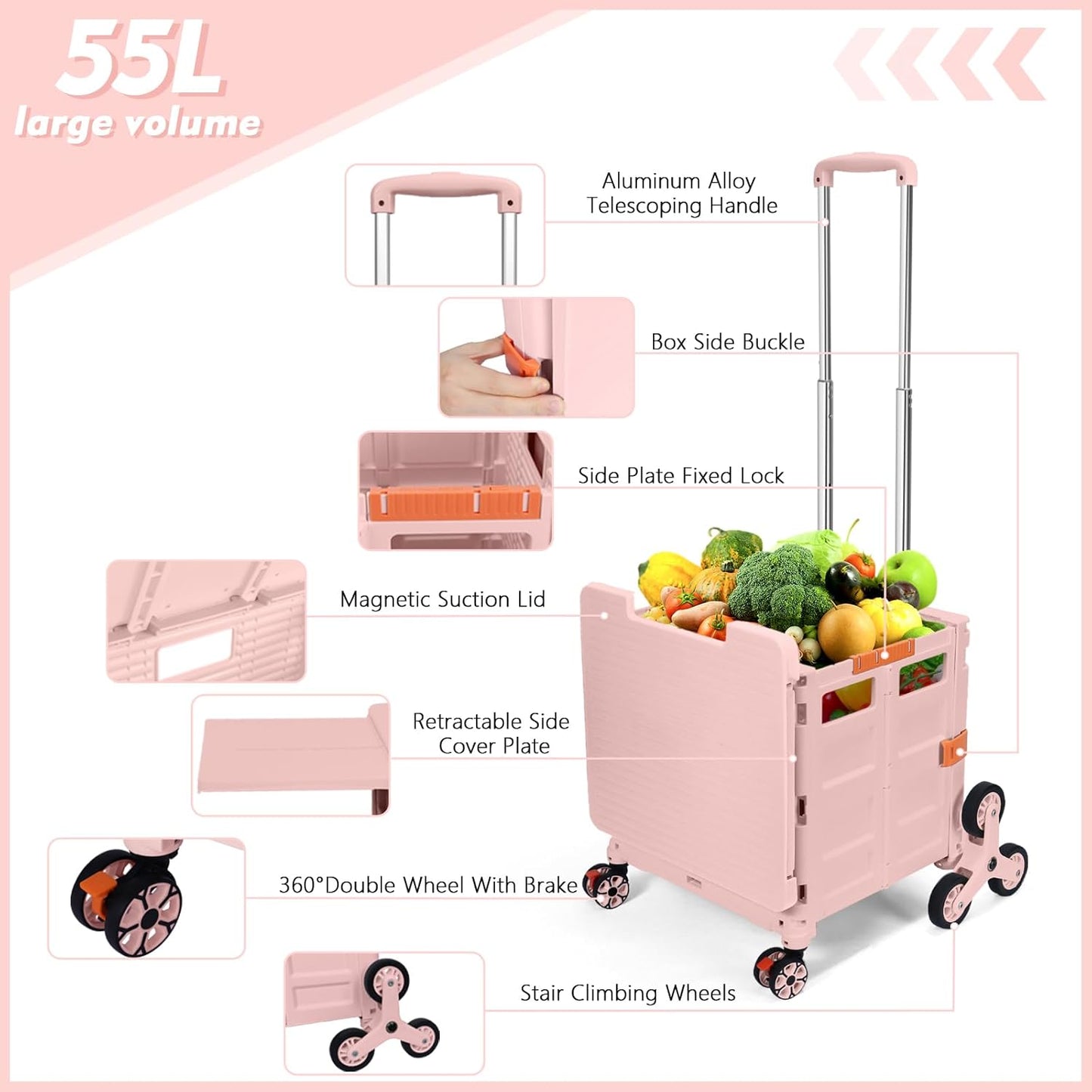 Foldable Utility Cart Folding Portable Rolling Crate Handcart Shopping Trolley Wheel Box with Lid Wear-Resistant Noiseless 360°Rotate Wheel for Travel Shopping Moving Storage Office Use (Yellow)