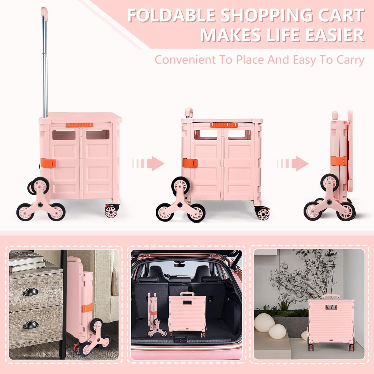 Foldable Utility Cart Folding Portable Rolling Crate Handcart Shopping Trolley Wheel Box with Lid Wear-Resistant Noiseless 360°Rotate Wheel for Travel Shopping Moving Storage Office Use (Yellow)