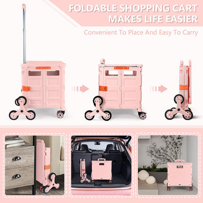 Foldable Utility Cart Folding Portable Rolling Crate Handcart Shopping Trolley Wheel Box with Lid Wear-Resistant Noiseless 360°Rotate Wheel for Travel Shopping Moving Storage Office Use (Yellow)