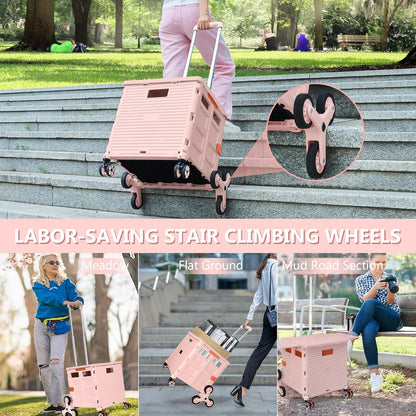 Foldable Utility Cart Folding Portable Rolling Crate Handcart Shopping Trolley Wheel Box with Lid Wear-Resistant Noiseless 360°Rotate Wheel for Travel Shopping Moving Storage Office Use (Yellow)