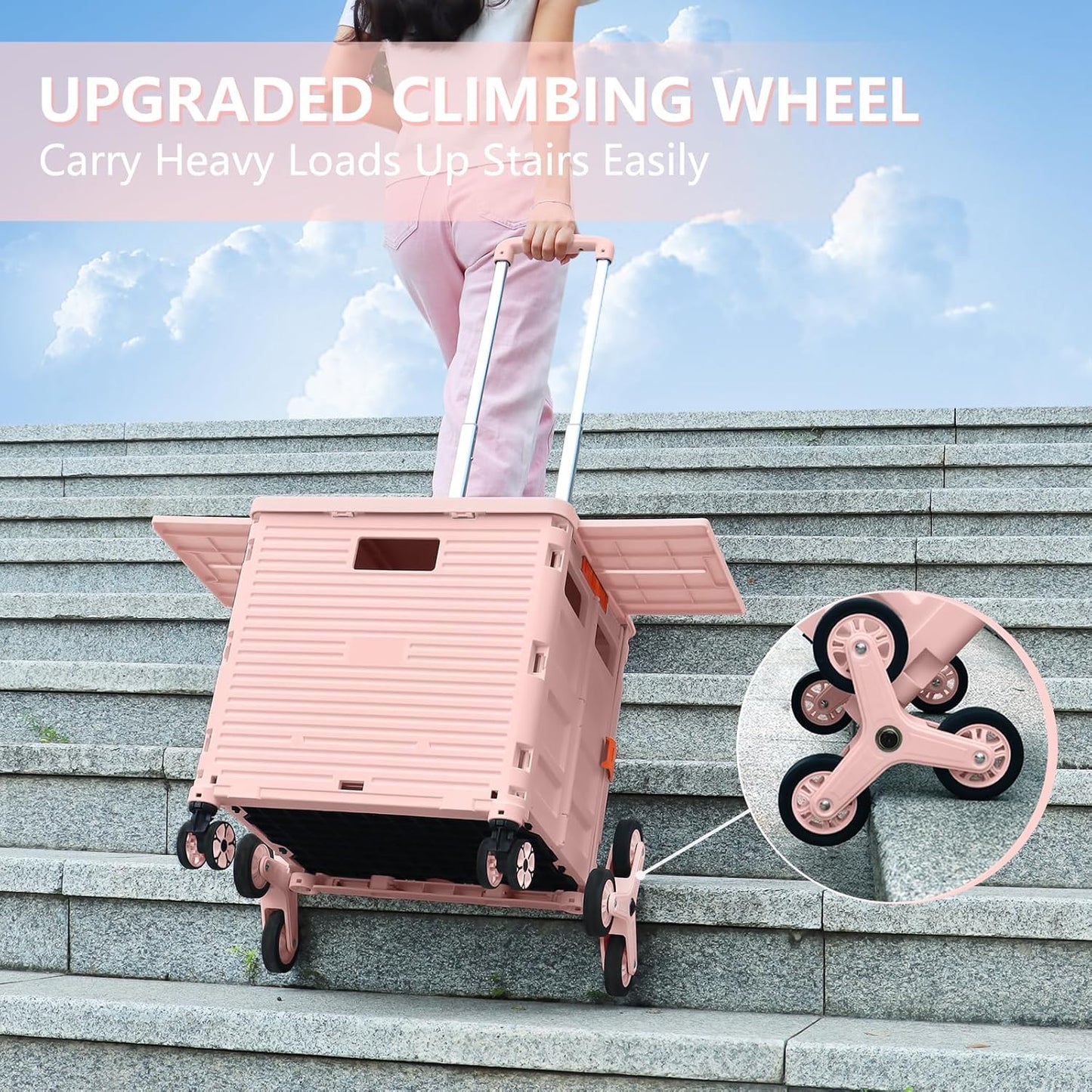 Foldable Utility Cart Folding Portable Rolling Crate Handcart Shopping Trolley Wheel Box with Lid Wear-Resistant Noiseless 360°Rotate Wheel for Travel Shopping Moving Storage Office Use (Yellow)
