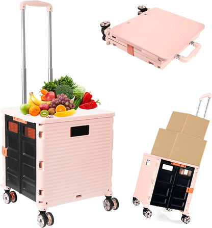Foldable Utility Cart Folding Portable Rolling Crate Handcart Shopping Trolley Wheel Box with Lid Wear-Resistant Noiseless 360°Rotate Wheel for Travel Shopping Moving Storage Office Use (Yellow)
