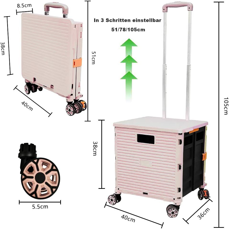 Foldable Utility Cart Folding Portable Rolling Crate Handcart Shopping Trolley Wheel Box with Lid Wear-Resistant Noiseless 360°Rotate Wheel for Travel Shopping Moving Storage Office Use (Yellow)