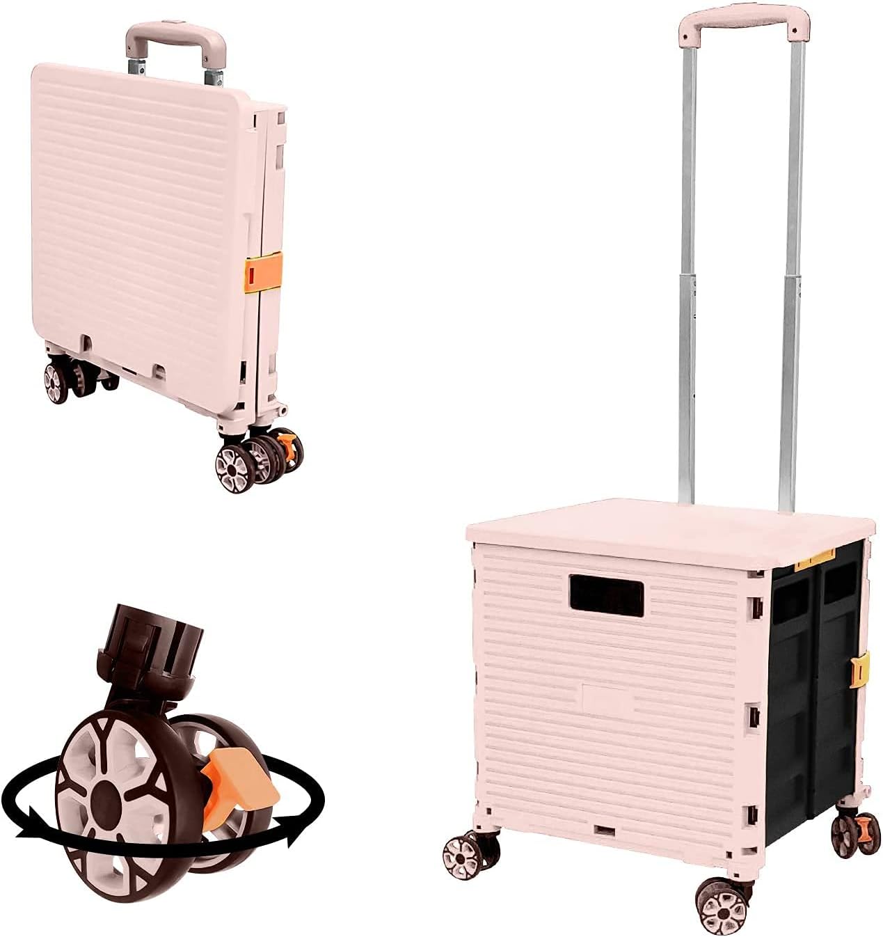 Foldable Utility Cart Folding Portable Rolling Crate Handcart Shopping Trolley Wheel Box with Lid Wear-Resistant Noiseless 360°Rotate Wheel for Travel Shopping Moving Storage Office Use (Yellow)