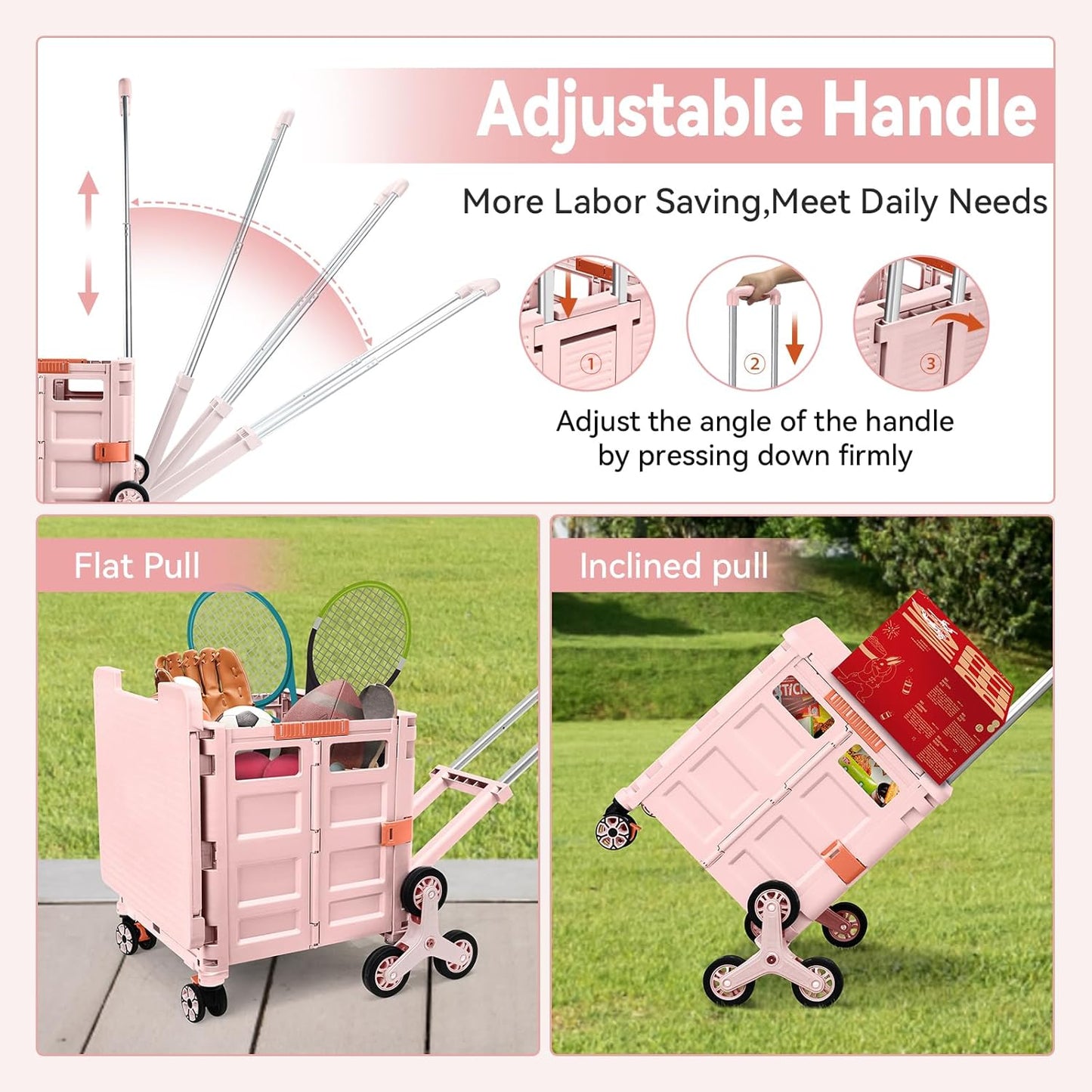 Foldable Utility Cart Folding Portable Rolling Crate Handcart Shopping Trolley Wheel Box with Lid Wear-Resistant Noiseless 360°Rotate Wheel for Travel Shopping Moving Storage Office Use (Yellow)