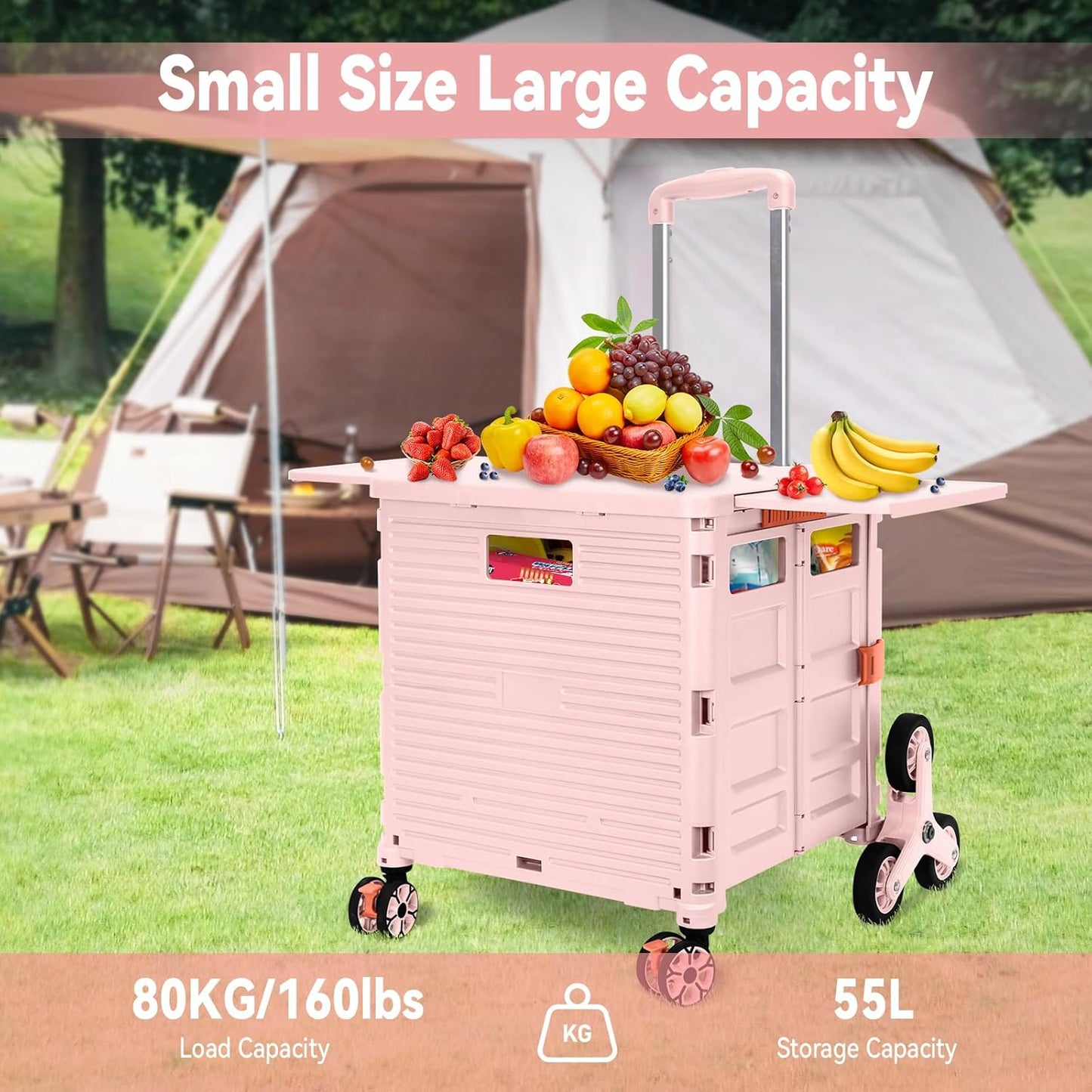 Foldable Utility Cart Folding Portable Rolling Crate Handcart Shopping Trolley Wheel Box with Lid Wear-Resistant Noiseless 360°Rotate Wheel for Travel Shopping Moving Storage Office Use (Yellow)