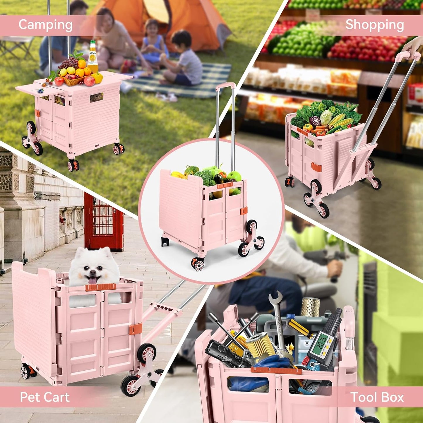 Foldable Utility Cart Folding Portable Rolling Crate Handcart Shopping Trolley Wheel Box with Lid Wear-Resistant Noiseless 360°Rotate Wheel for Travel Shopping Moving Storage Office Use (Yellow)