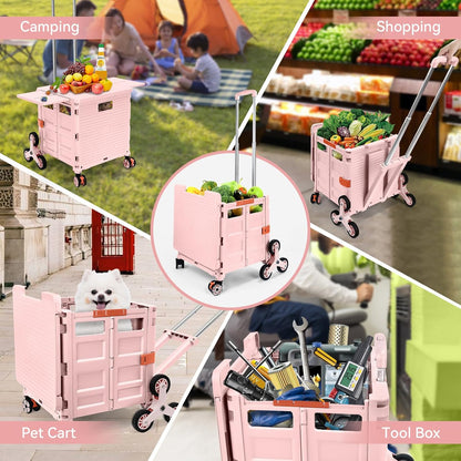 Foldable Utility Cart Folding Portable Rolling Crate Handcart Shopping Trolley Wheel Box with Lid Wear-Resistant Noiseless 360°Rotate Wheel for Travel Shopping Moving Storage Office Use (Yellow)