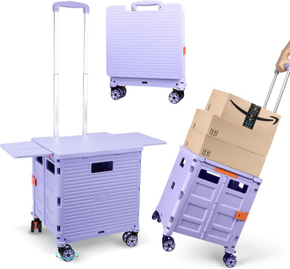 Foldable Utility Cart Folding Portable Rolling Crate Handcart Shopping Trolley Wheel Box with Lid Wear-Resistant Noiseless 360°Rotate Wheel for Travel Shopping Moving Storage Office Use (Yellow)