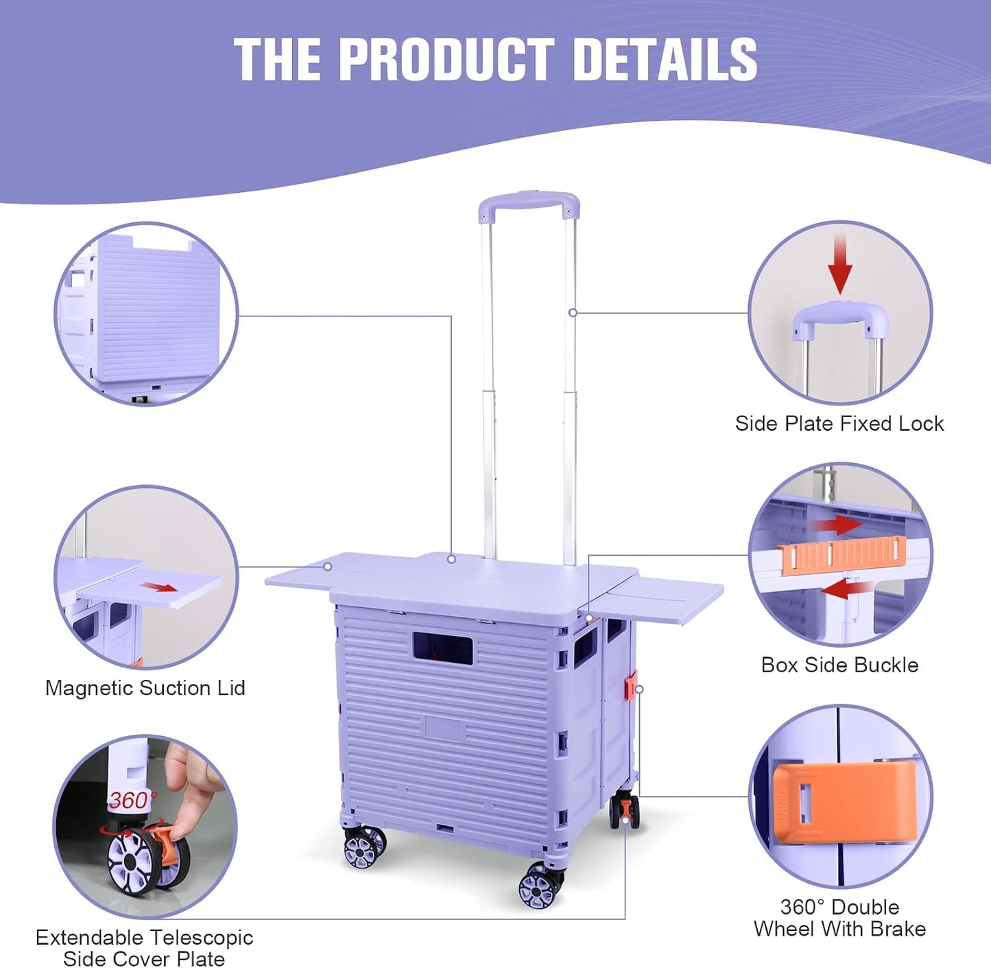 Foldable Utility Cart Folding Portable Rolling Crate Handcart Shopping Trolley Wheel Box with Lid Wear-Resistant Noiseless 360°Rotate Wheel for Travel Shopping Moving Storage Office Use (Yellow)
