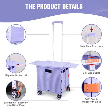 Foldable Utility Cart Folding Portable Rolling Crate Handcart Shopping Trolley Wheel Box with Lid Wear-Resistant Noiseless 360°Rotate Wheel for Travel Shopping Moving Storage Office Use (Yellow)