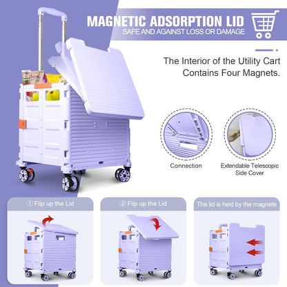 Foldable Utility Cart Folding Portable Rolling Crate Handcart Shopping Trolley Wheel Box with Lid Wear-Resistant Noiseless 360°Rotate Wheel for Travel Shopping Moving Storage Office Use (Yellow)