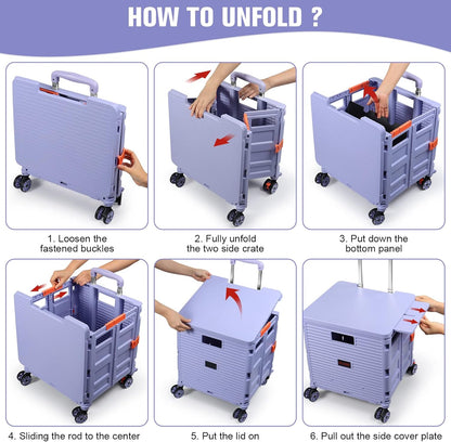 Foldable Utility Cart Folding Portable Rolling Crate Handcart Shopping Trolley Wheel Box with Lid Wear-Resistant Noiseless 360°Rotate Wheel for Travel Shopping Moving Storage Office Use (Yellow)