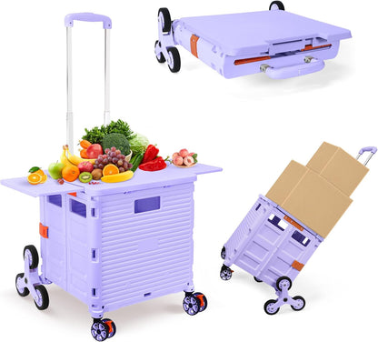 Foldable Utility Cart Folding Portable Rolling Crate Handcart Shopping Trolley Wheel Box with Lid Wear-Resistant Noiseless 360°Rotate Wheel for Travel Shopping Moving Storage Office Use (Yellow)