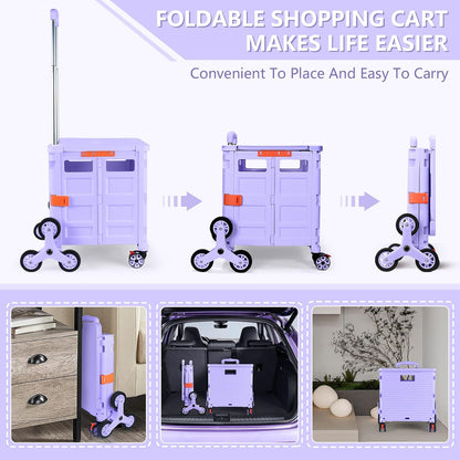 Foldable Utility Cart Folding Portable Rolling Crate Handcart Shopping Trolley Wheel Box with Lid Wear-Resistant Noiseless 360°Rotate Wheel for Travel Shopping Moving Storage Office Use (Yellow)