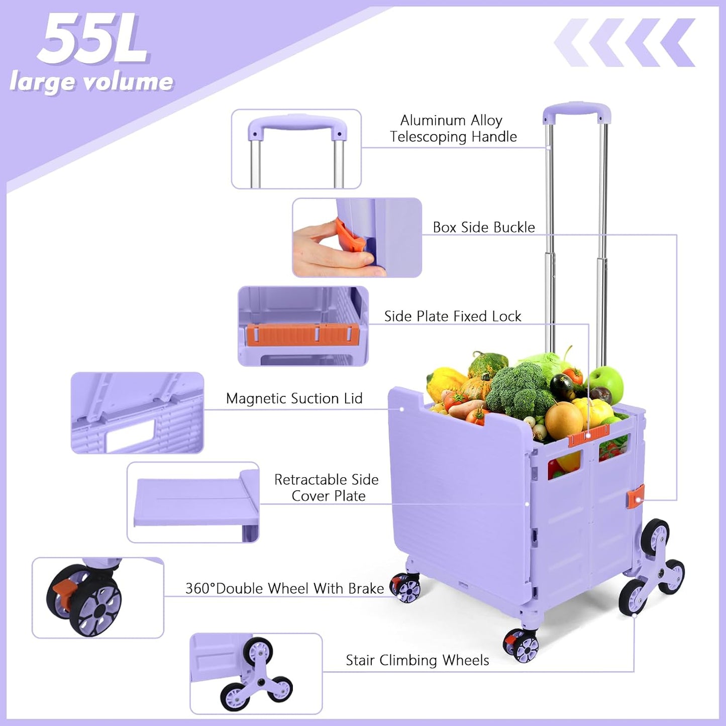 Foldable Utility Cart Folding Portable Rolling Crate Handcart Shopping Trolley Wheel Box with Lid Wear-Resistant Noiseless 360°Rotate Wheel for Travel Shopping Moving Storage Office Use (Yellow)