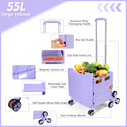 Foldable Utility Cart Folding Portable Rolling Crate Handcart Shopping Trolley Wheel Box with Lid Wear-Resistant Noiseless 360°Rotate Wheel for Travel Shopping Moving Storage Office Use (Yellow)