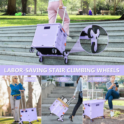 Foldable Utility Cart Folding Portable Rolling Crate Handcart Shopping Trolley Wheel Box with Lid Wear-Resistant Noiseless 360°Rotate Wheel for Travel Shopping Moving Storage Office Use (Yellow)