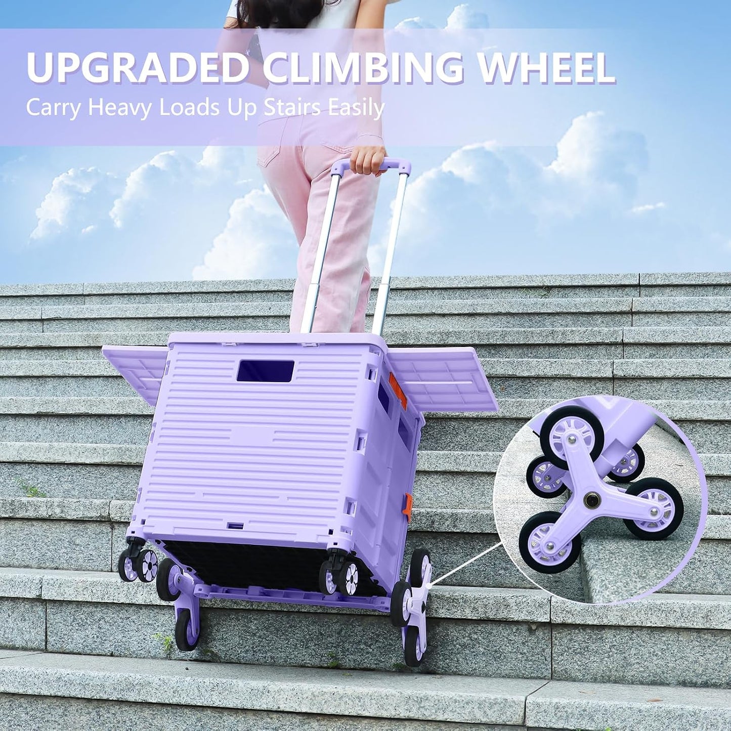 Foldable Utility Cart Folding Portable Rolling Crate Handcart Shopping Trolley Wheel Box with Lid Wear-Resistant Noiseless 360°Rotate Wheel for Travel Shopping Moving Storage Office Use (Yellow)