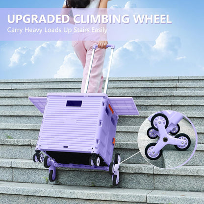 Foldable Utility Cart Folding Portable Rolling Crate Handcart Shopping Trolley Wheel Box with Lid Wear-Resistant Noiseless 360°Rotate Wheel for Travel Shopping Moving Storage Office Use (Yellow)