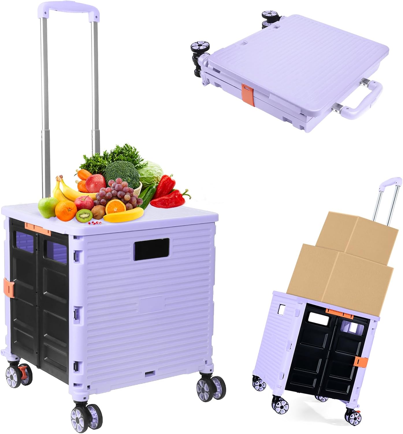 Foldable Utility Cart Folding Portable Rolling Crate Handcart Shopping Trolley Wheel Box with Lid Wear-Resistant Noiseless 360°Rotate Wheel for Travel Shopping Moving Storage Office Use (Yellow)