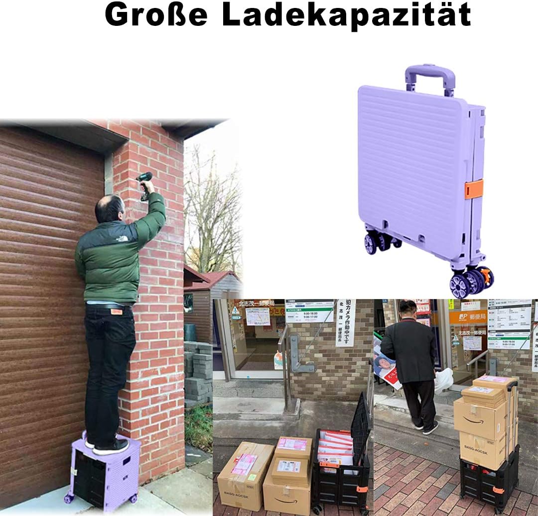 Foldable Utility Cart Folding Portable Rolling Crate Handcart Shopping Trolley Wheel Box with Lid Wear-Resistant Noiseless 360°Rotate Wheel for Travel Shopping Moving Storage Office Use (Yellow)
