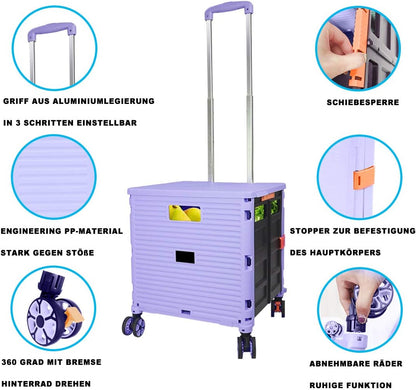 Foldable Utility Cart Folding Portable Rolling Crate Handcart Shopping Trolley Wheel Box with Lid Wear-Resistant Noiseless 360°Rotate Wheel for Travel Shopping Moving Storage Office Use (Yellow)