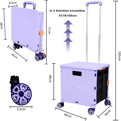 Foldable Utility Cart Folding Portable Rolling Crate Handcart Shopping Trolley Wheel Box with Lid Wear-Resistant Noiseless 360°Rotate Wheel for Travel Shopping Moving Storage Office Use (Yellow)