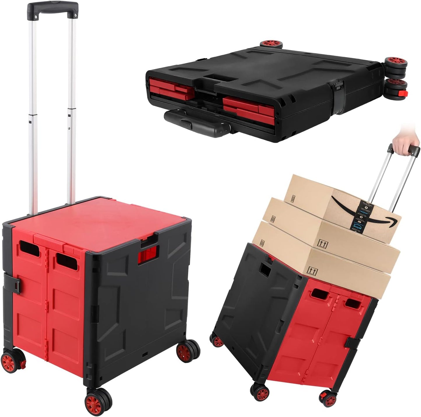 Foldable Utility Cart Folding Portable Rolling Crate Handcart Shopping Trolley Wheel Box with Lid Wear-Resistant Noiseless 360°Rotate Wheel for Travel Shopping Moving Storage Office Use (Yellow)