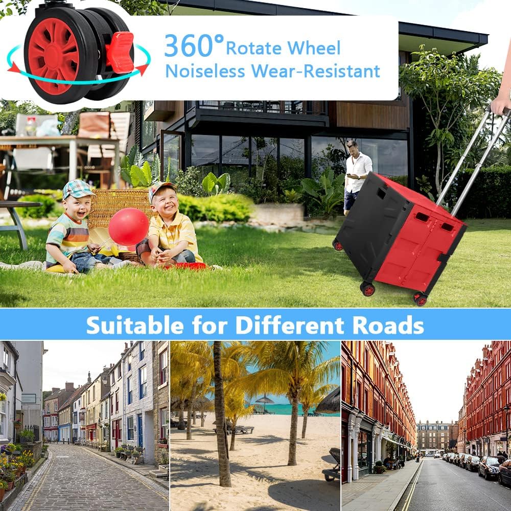 Foldable Utility Cart Folding Portable Rolling Crate Handcart Shopping Trolley Wheel Box with Lid Wear-Resistant Noiseless 360°Rotate Wheel for Travel Shopping Moving Storage Office Use (Yellow)