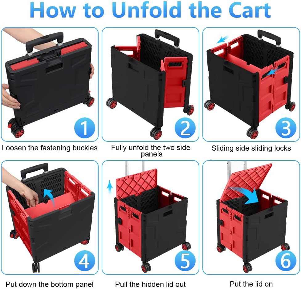 Foldable Utility Cart Folding Portable Rolling Crate Handcart Shopping Trolley Wheel Box with Lid Wear-Resistant Noiseless 360°Rotate Wheel for Travel Shopping Moving Storage Office Use (Yellow)