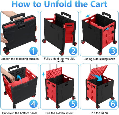 Foldable Utility Cart Folding Portable Rolling Crate Handcart Shopping Trolley Wheel Box with Lid Wear-Resistant Noiseless 360°Rotate Wheel for Travel Shopping Moving Storage Office Use (Yellow)