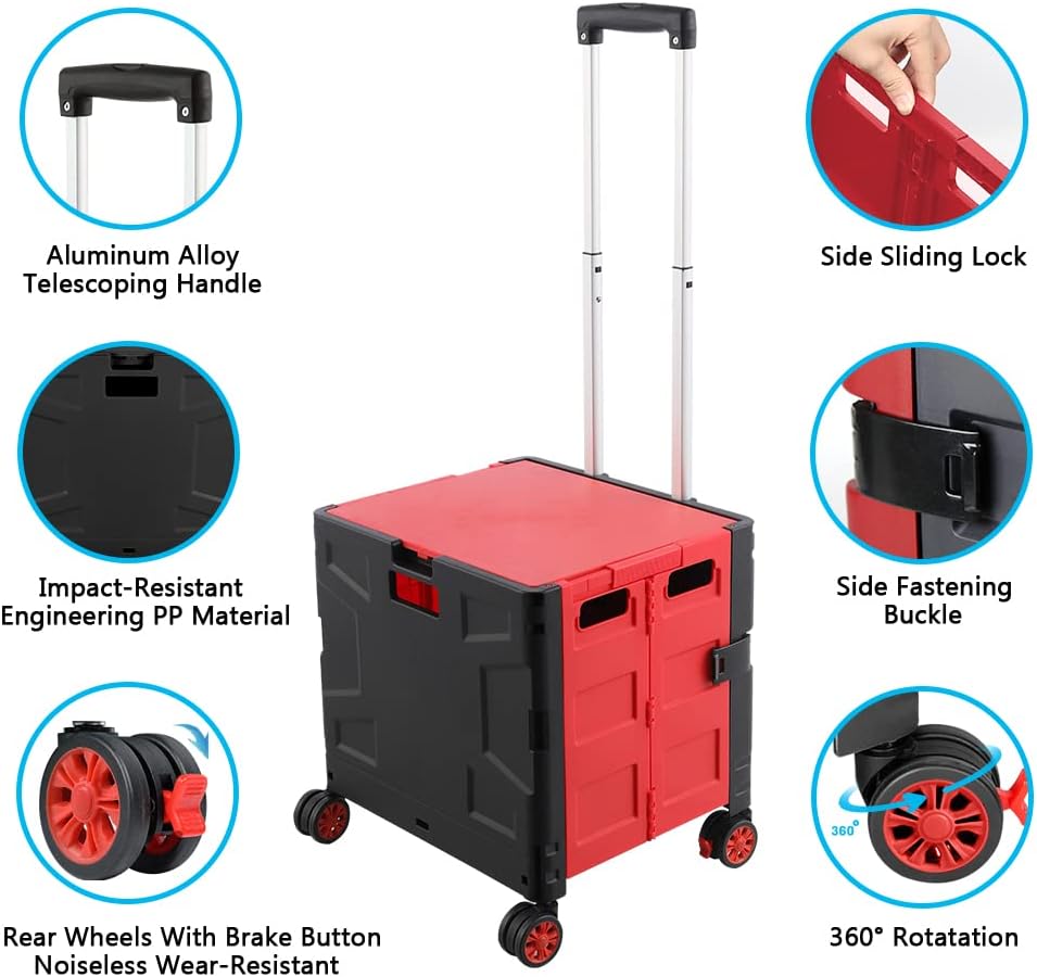 Foldable Utility Cart Folding Portable Rolling Crate Handcart Shopping Trolley Wheel Box with Lid Wear-Resistant Noiseless 360°Rotate Wheel for Travel Shopping Moving Storage Office Use (Yellow)