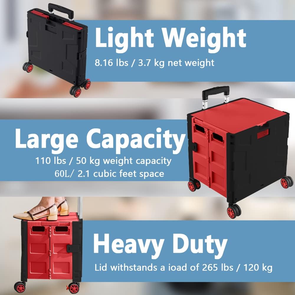 Foldable Utility Cart Folding Portable Rolling Crate Handcart Shopping Trolley Wheel Box with Lid Wear-Resistant Noiseless 360°Rotate Wheel for Travel Shopping Moving Storage Office Use (Yellow)