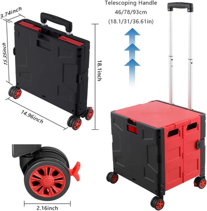 Foldable Utility Cart Folding Portable Rolling Crate Handcart Shopping Trolley Wheel Box with Lid Wear-Resistant Noiseless 360°Rotate Wheel for Travel Shopping Moving Storage Office Use (Yellow)