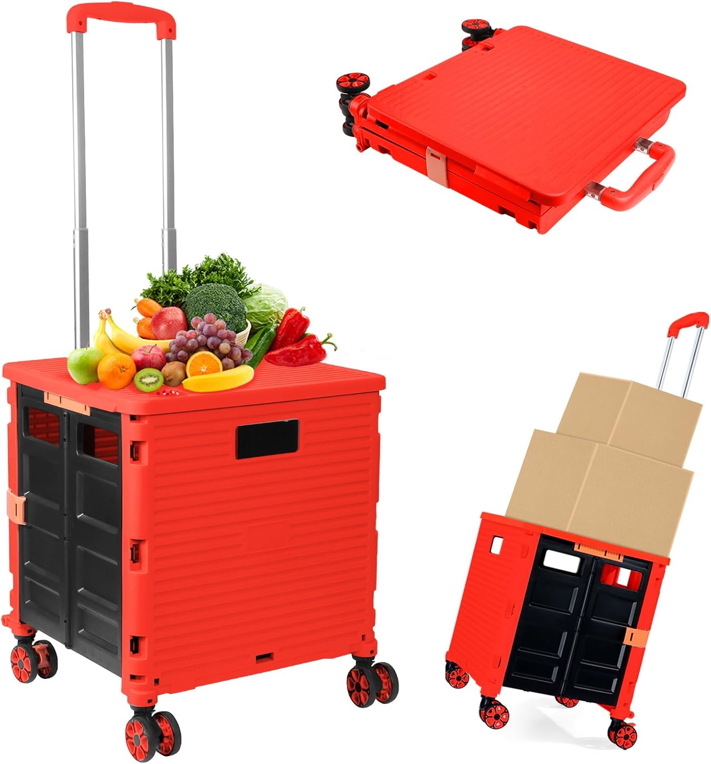 Foldable Utility Cart Folding Portable Rolling Crate Handcart Shopping Trolley Wheel Box with Lid Wear-Resistant Noiseless 360°Rotate Wheel for Travel Shopping Moving Storage Office Use (Yellow)