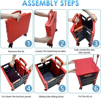 Foldable Utility Cart Folding Portable Rolling Crate Handcart Shopping Trolley Wheel Box with Lid Wear-Resistant Noiseless 360°Rotate Wheel for Travel Shopping Moving Storage Office Use (Yellow)