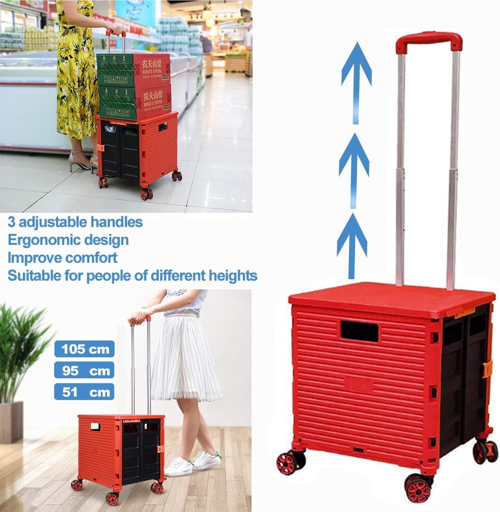 Foldable Utility Cart Folding Portable Rolling Crate Handcart Shopping Trolley Wheel Box with Lid Wear-Resistant Noiseless 360°Rotate Wheel for Travel Shopping Moving Storage Office Use (Yellow)