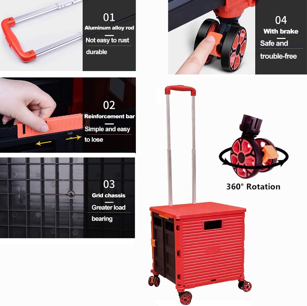 Foldable Utility Cart Folding Portable Rolling Crate Handcart Shopping Trolley Wheel Box with Lid Wear-Resistant Noiseless 360°Rotate Wheel for Travel Shopping Moving Storage Office Use (Yellow)