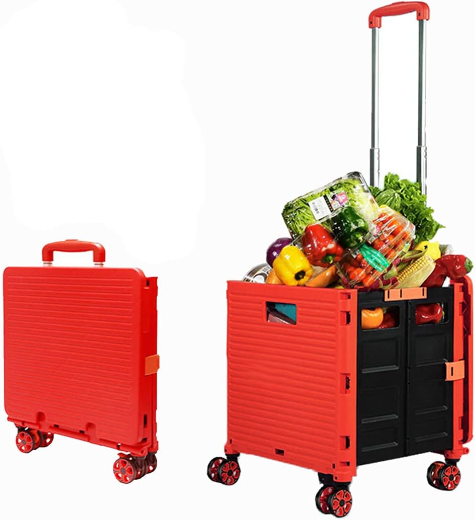 Foldable Utility Cart Folding Portable Rolling Crate Handcart Shopping Trolley Wheel Box with Lid Wear-Resistant Noiseless 360°Rotate Wheel for Travel Shopping Moving Storage Office Use (Yellow)