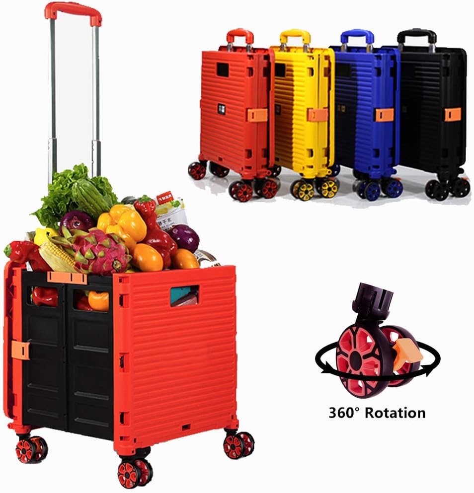 Foldable Utility Cart Folding Portable Rolling Crate Handcart Shopping Trolley Wheel Box with Lid Wear-Resistant Noiseless 360°Rotate Wheel for Travel Shopping Moving Storage Office Use (Yellow)