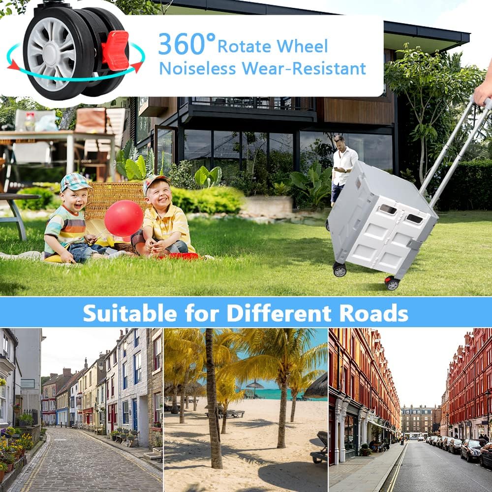 Foldable Utility Cart Folding Portable Rolling Crate Handcart Shopping Trolley Wheel Box with Lid Wear-Resistant Noiseless 360°Rotate Wheel for Travel Shopping Moving Storage Office Use (Yellow)
