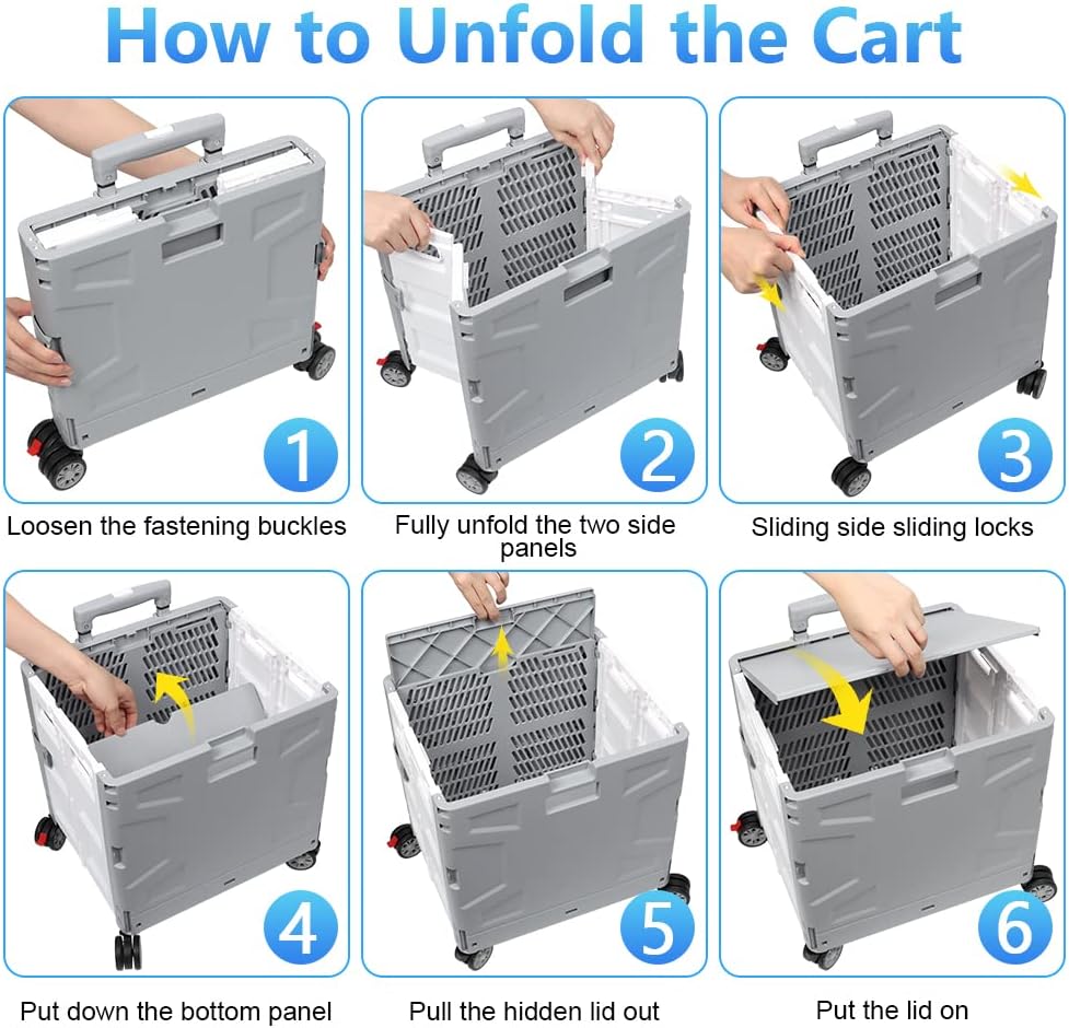 Foldable Utility Cart Folding Portable Rolling Crate Handcart Shopping Trolley Wheel Box with Lid Wear-Resistant Noiseless 360°Rotate Wheel for Travel Shopping Moving Storage Office Use (Yellow)